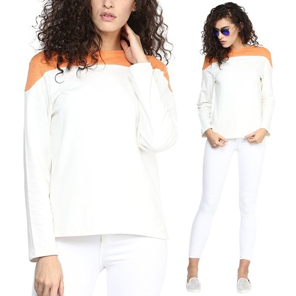 YepMe Tops - Orange Waffle Knit Contrast Yoke Cotton Top NWT